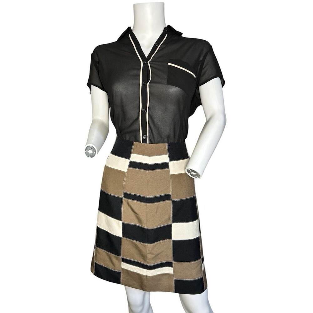 Vintage WORTH Women's 100% Silk Brown Black Colorblock Pencil Skirt Lined Size 4